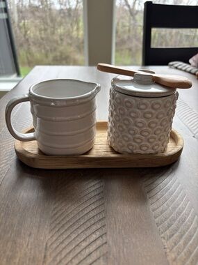 Ceramic White Sugar and Creamer Set with Wooden Tray and Spoon